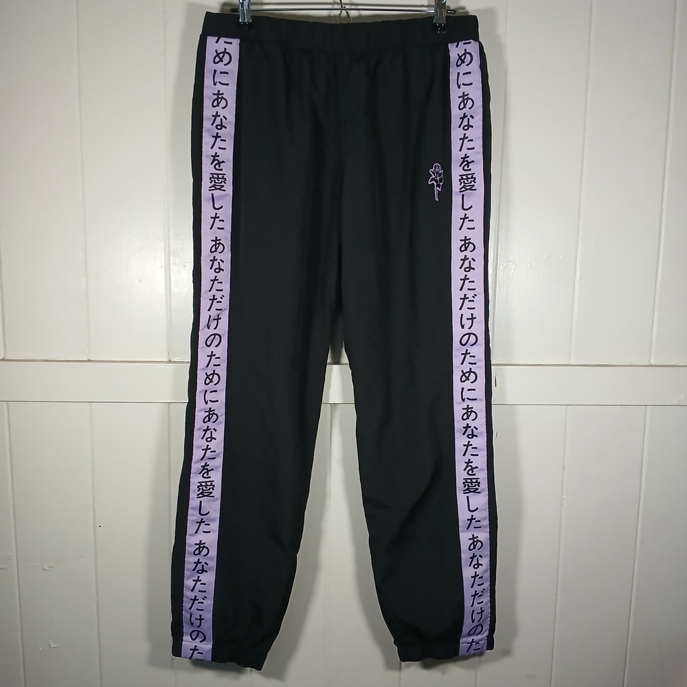 BSR By Samii Ryan Japanese Script Rose Track Pants Womens L Black Purple Joggers